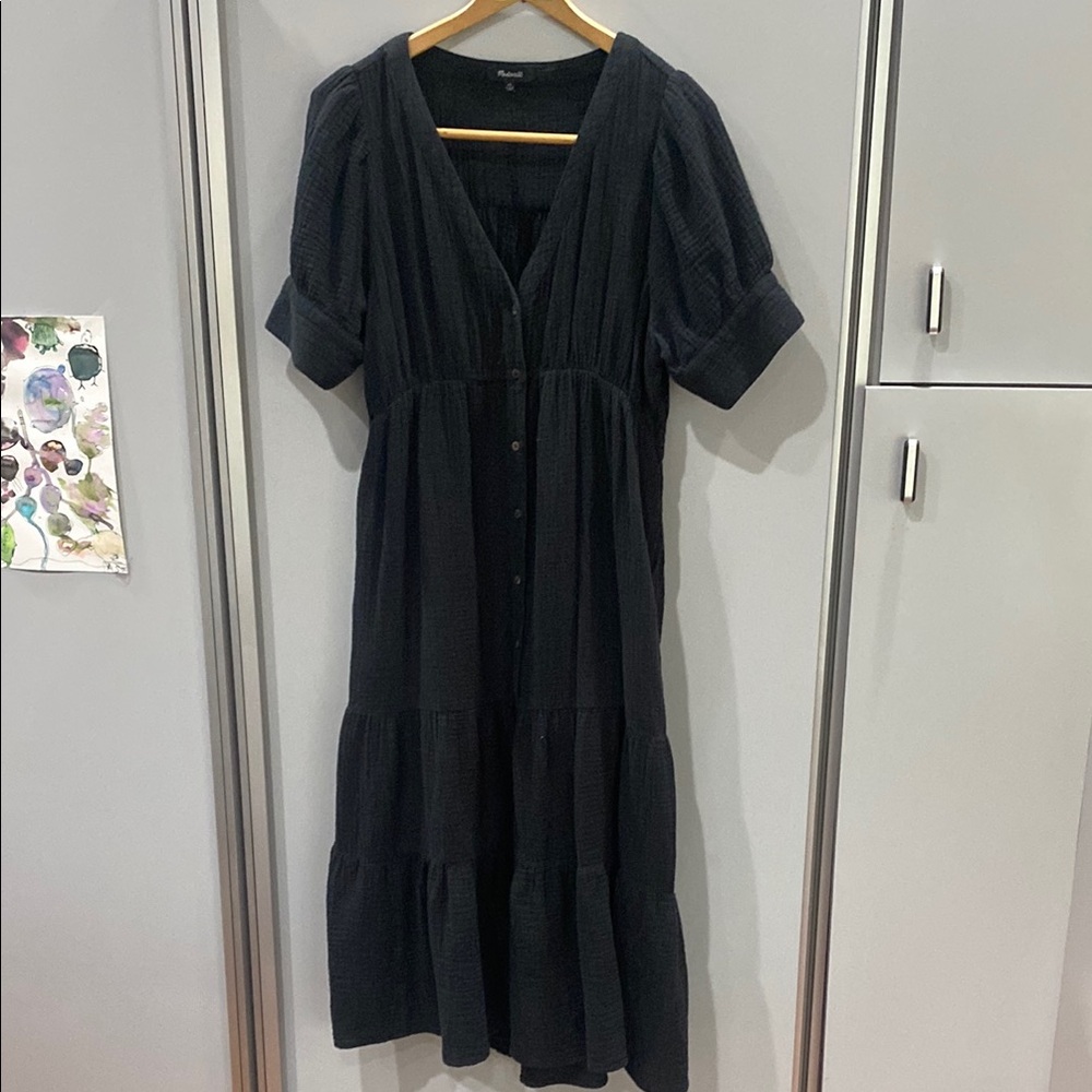 Madewell Black V-Neck Cuffed Sleeve Midi Sundress
